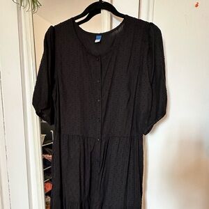 Old Navy Puff-Sleeve Clip Dot Button Midi Swing Dress Black NWOT